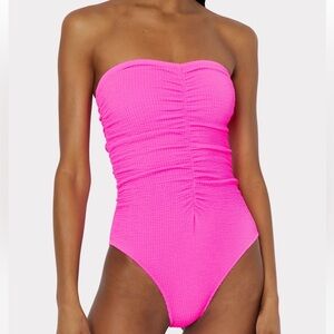 NWT $275 Milly S M Textured Ruched One Piece Neon Pink Stretchy Logo Charm